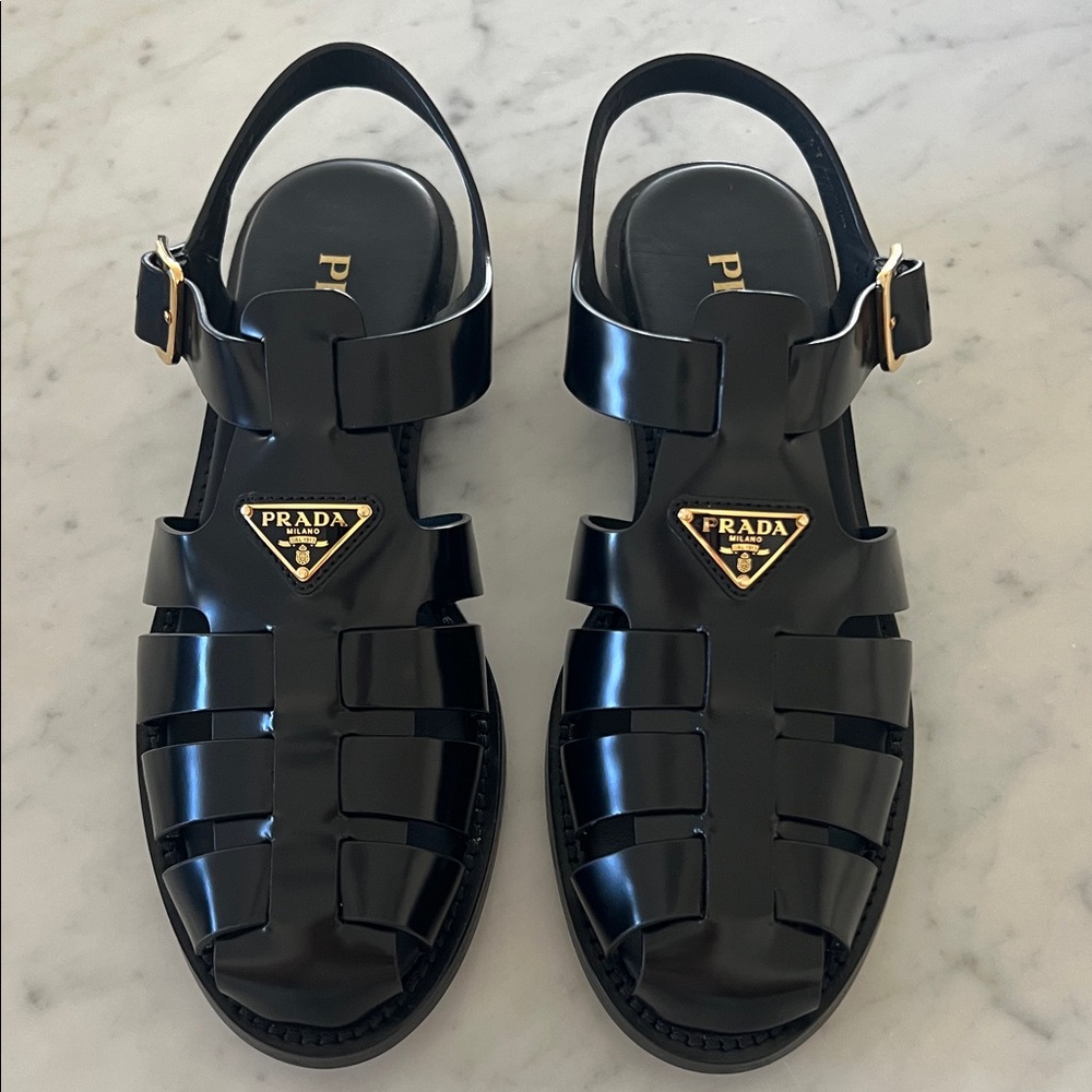 NEW Prada Fisherman Black Leather Sandals with Gold size 37 - Picture 2 of 13